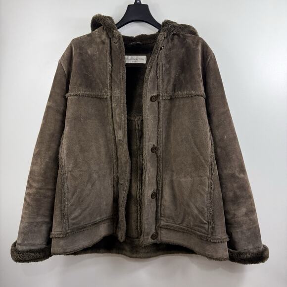Vintage Jones New York Sport Brown Suede Faux Fur Coat Large Hooded Penny Lane - Picture 13 of 15